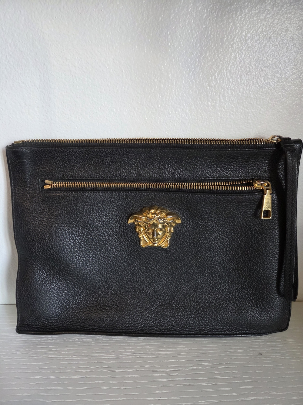 Versace Black Leather Medusa Zip Pouch with Gold Hardware